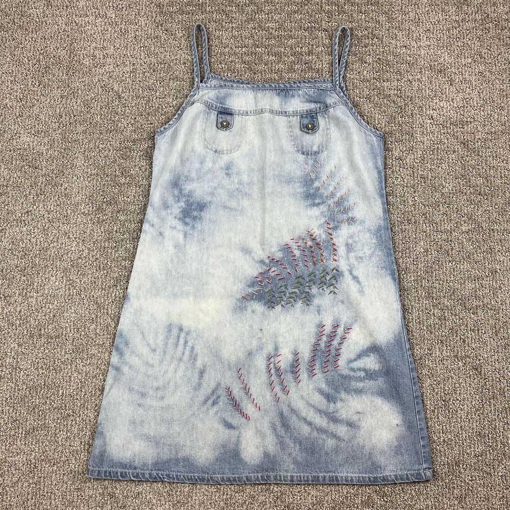 Vintage Blue Dress Womens 7/8 Denim Made USA Fern Embroidered Pockets 90s Y2K